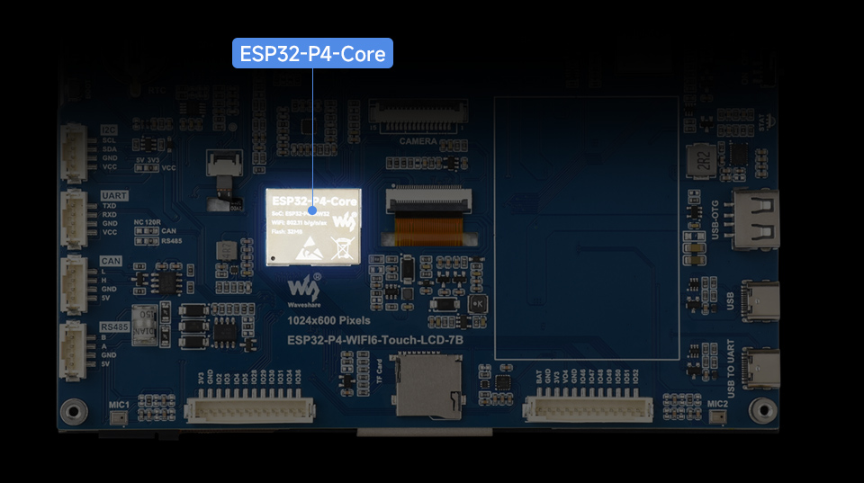 ESP32-P4-WIFI6 7 英寸触摸屏开发板采用 ESP32-P4-Core 模组集成设计，内置 ESP32-P4、32MB Nor Flash