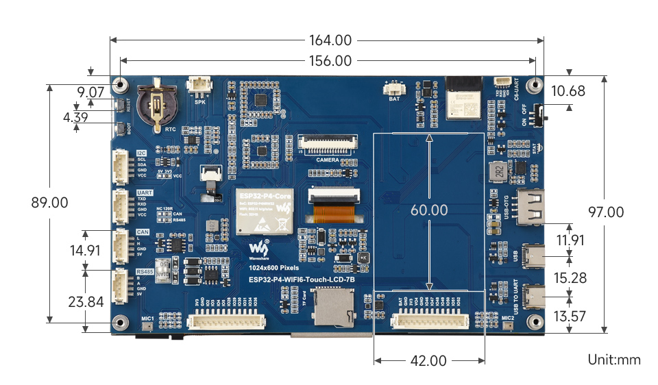 ESP32-P4-WIFI6 7 英寸触摸屏开发板产品尺寸图