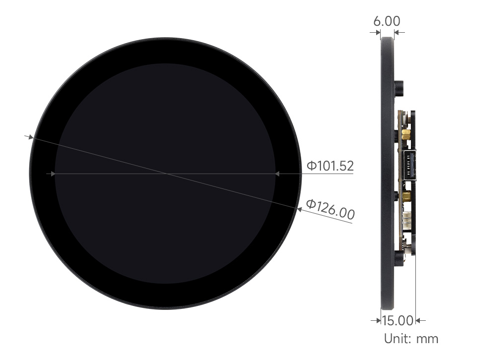 ESP32-P4-WIFI6-Touch-LCD-4C 开发板产品 正面侧面尺寸