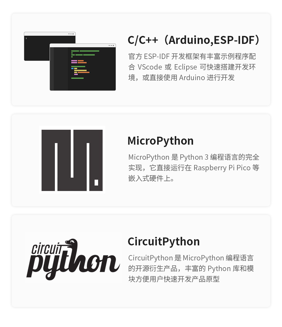 C/C++(Arrduino, ESP-IDF), MicroPython, CircuitPython