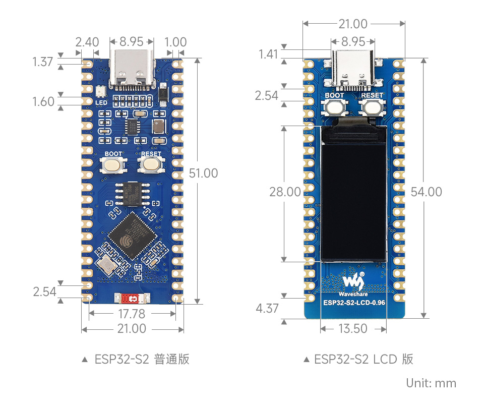 微雪 ESP32-S2 微控制器 Wi-Fi 开发板产品尺寸