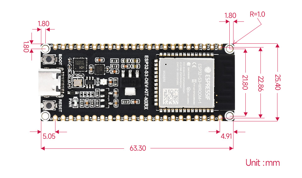 微雪 ESP32-S3 微控制器 Wi-Fi 开发板产品尺寸