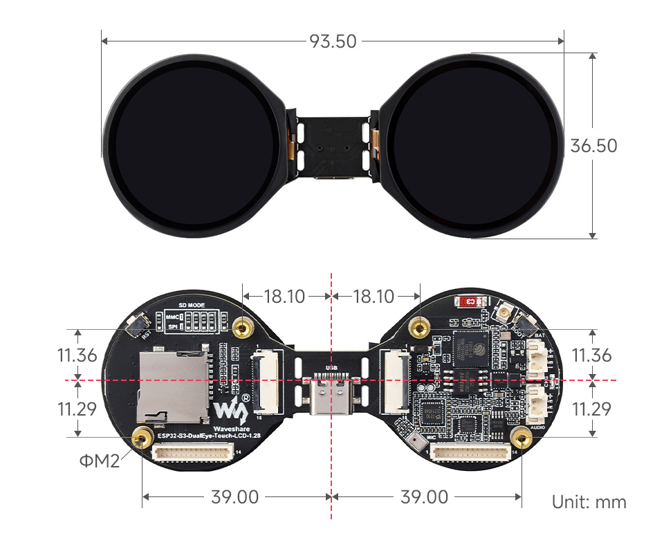 ESP32-S3-DualEye-Touch-LCD-1.28开发板产品尺寸