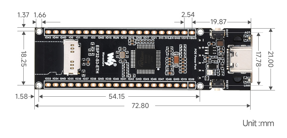 ESP32-S3 以太网开发板产品尺寸