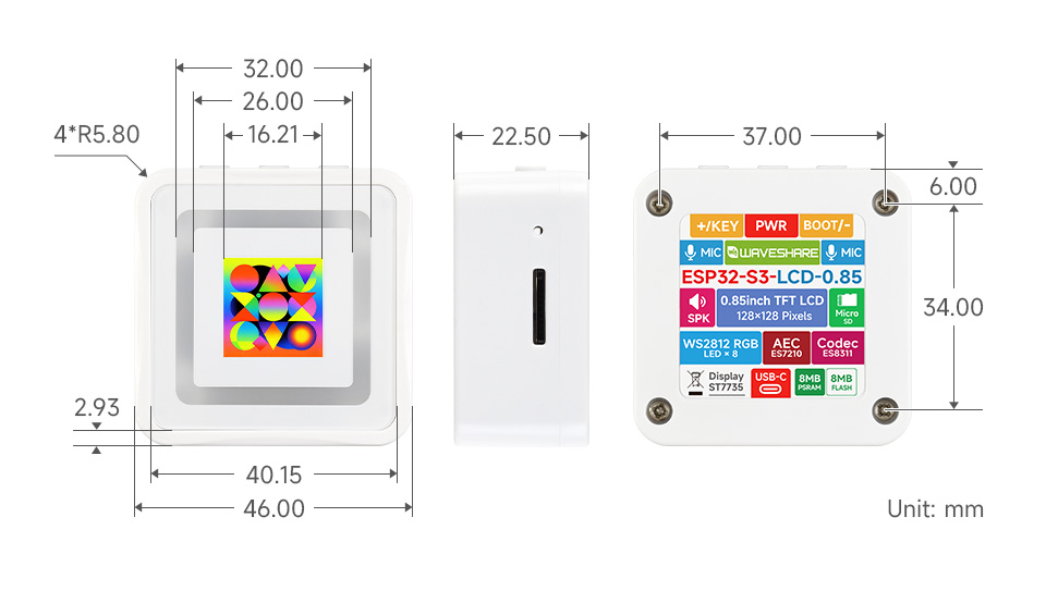 ESP32-S3 0.85英寸LCD屏开发板产品尺寸图