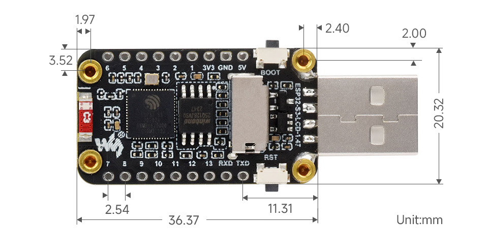 ESP32-S3 1.47 英寸液晶开发板产品尺寸