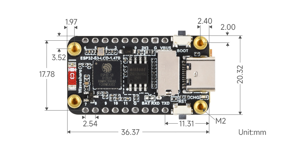 ESP32-S3 1.47 英寸液晶开发板产品尺寸