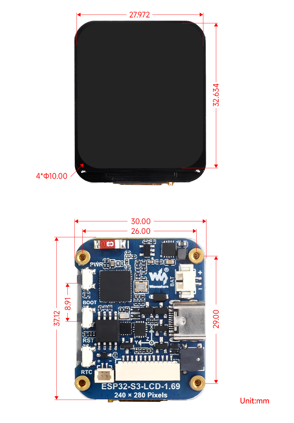 ESP32-S3 1.69 英寸液晶开发板产品尺寸