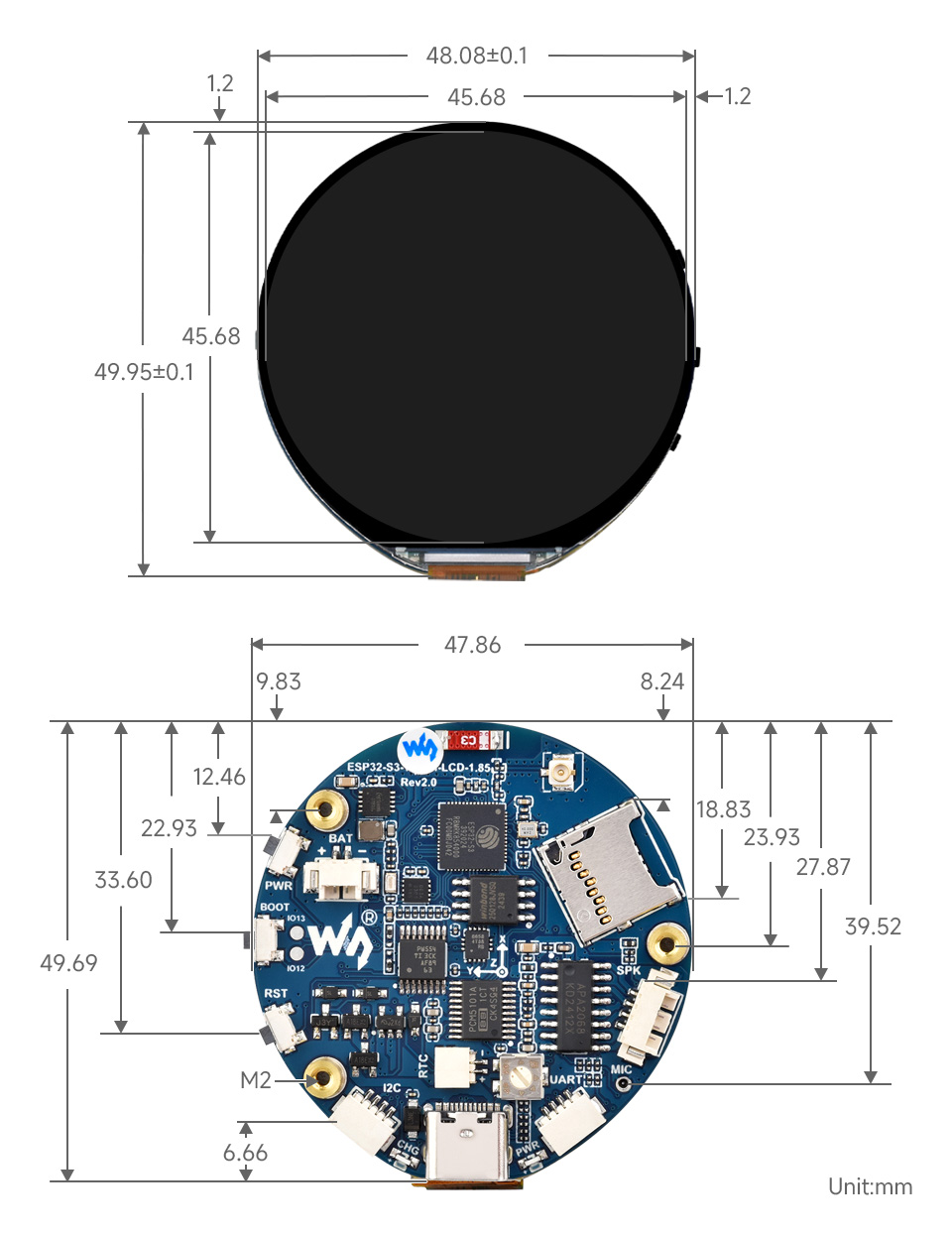 ESP32-S3 4 英寸电容触控屏开发板产品尺寸