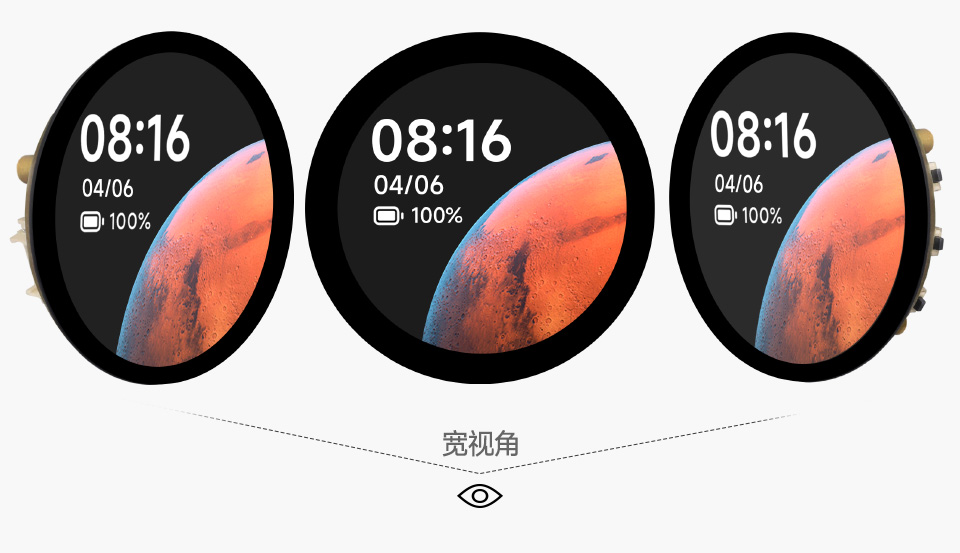 三个ESP32-S3 4 英寸电容触控屏开发板并列，并展示不同视角及IPS屏幕软件