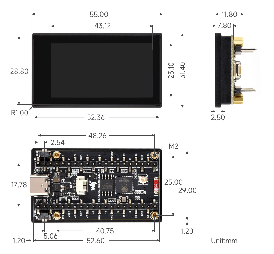 ESP32-S3 4 英寸电容触控屏开发板产品尺寸