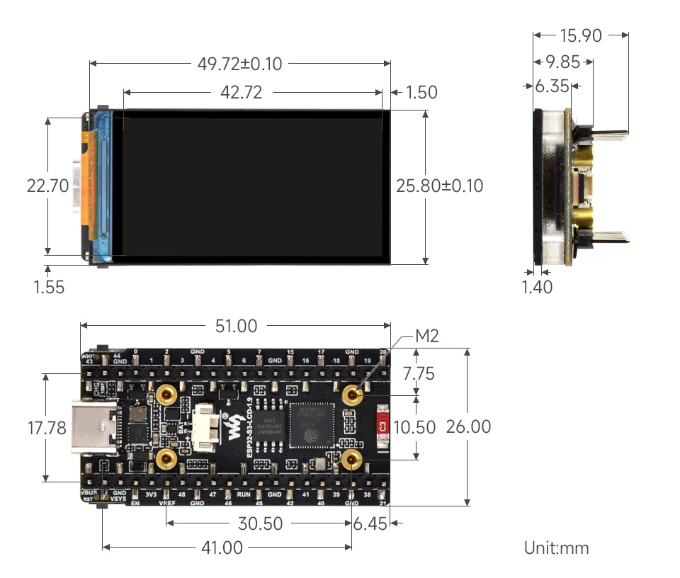 ESP32-S3 4 英寸电容触控屏开发板产品尺寸