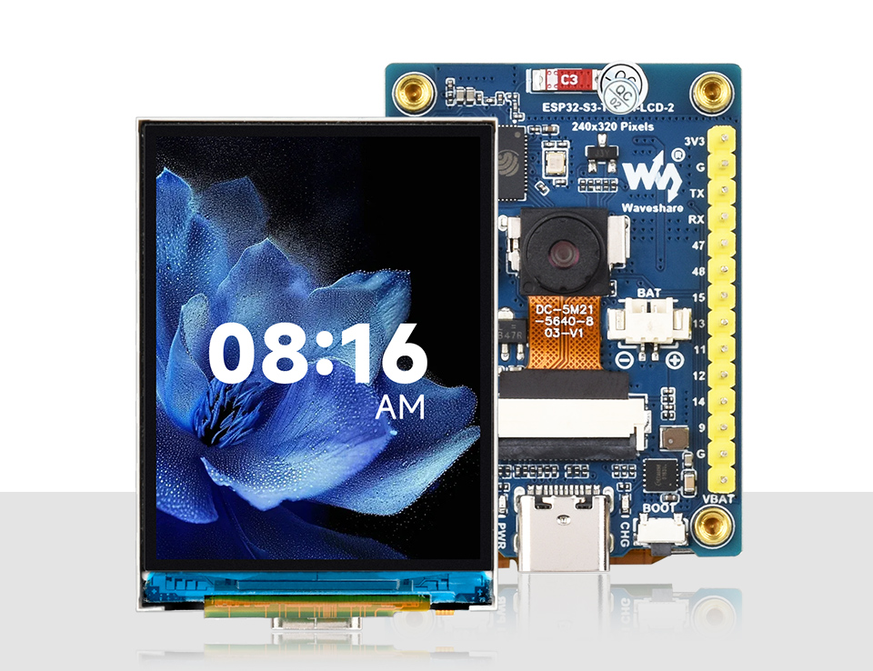 ESP32-S3 2 英寸电容触控屏开发板，并带有特性图标如：LX7双核处理器，2.4GHz Wi-Fi，蓝牙BLE5，板载天线，屏幕尺寸，5点触控，分辨率，262K彩色，音频播放，PCF85063 RTC时钟，QMI8658惯性计，多种接口