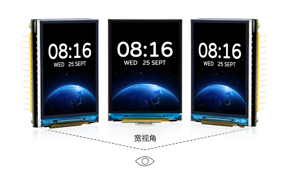 三个ESP32-S3 2 英寸电容触控屏开发板并列，并展示不同视角及IPS屏幕软件