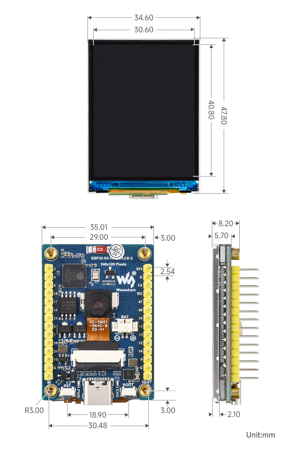 ESP32-S3 2 英寸电容触控屏开发板产品尺寸