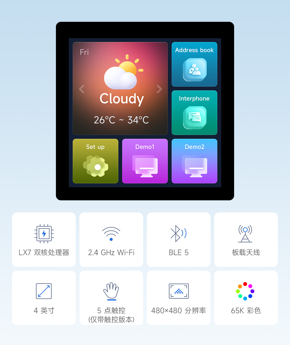 ESP32-S3 4 英寸电容触控屏开发板，并带有特性图标如： 2.4GHz WiFi和 BLE5 模组，480×480分辨率和5点触控