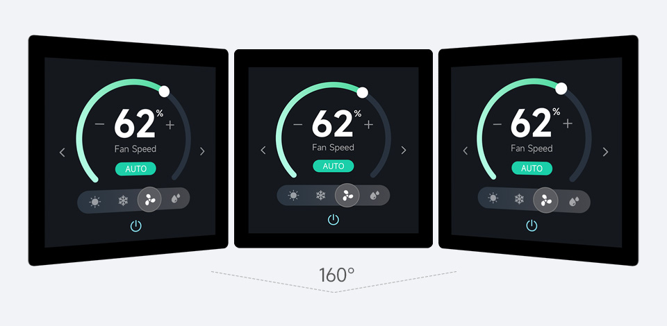 三个ESP32-S3 4 英寸电容触控屏开发板并列，并展示不同视角及IPS屏幕软件