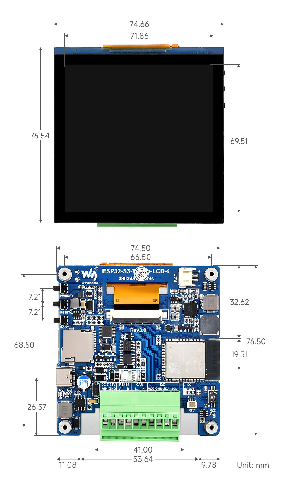 ESP32-S3 4 英寸电容触控屏开发板产品尺寸