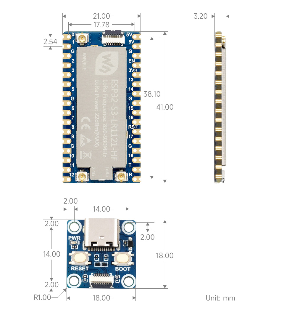 ESP32-S3-LR1121-HF LoRa 模组产品尺寸