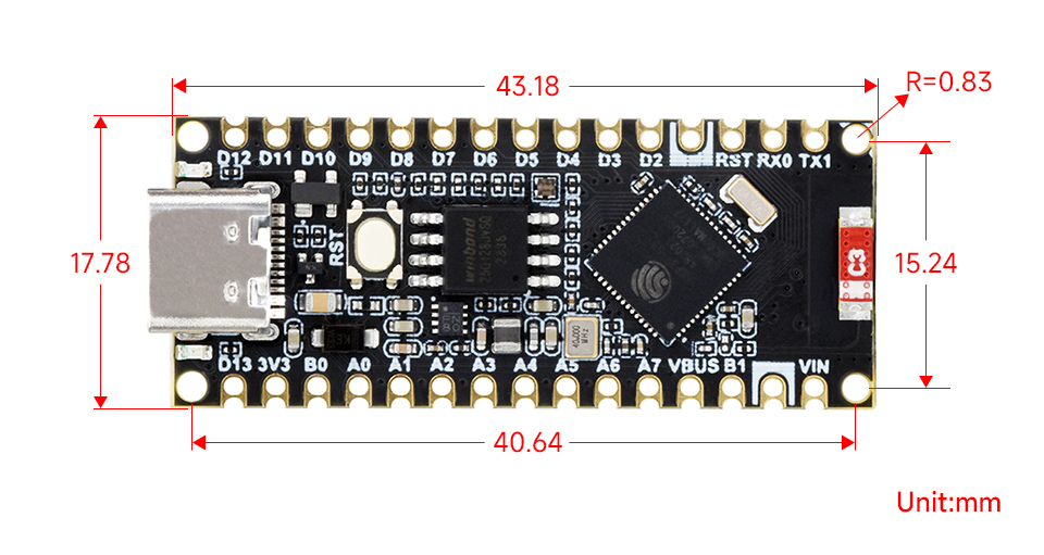 Arduino ESP32-S3-Nano 开发板产品尺寸