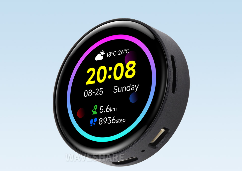 ESP32-S3 4 英寸电容触控屏开发板，并带有特性图标如： 2.4GHz WiFi和 BLE5 模组，480×480分辨率和5点触控