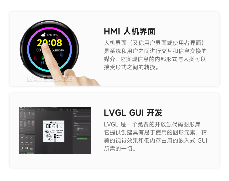 ESP32-S3 4英寸电容触控屏开发板的应用场景，分别介绍了多元输出场景，HMI人机界面场景，和LVGL GUI开发场景