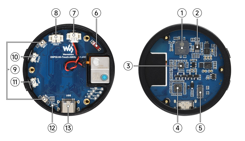 ESP32-S3 1.43 英寸电容触控屏开发板板载资源标注介绍