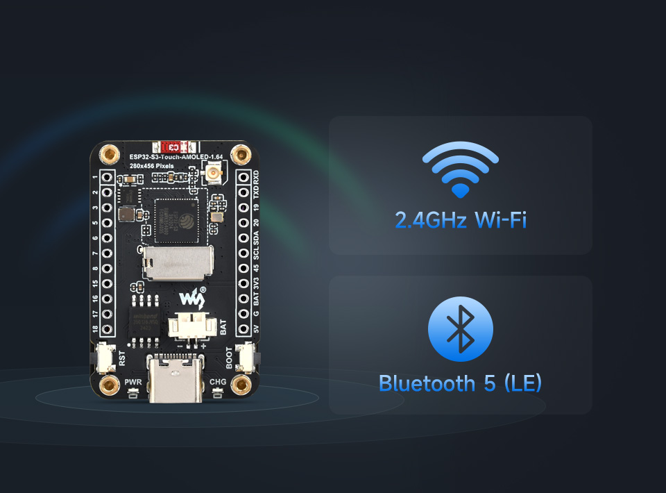 ESP32-S3-Touch-AMOLED-1.64 英寸液晶开发板30 个多功能 GPIO 引脚