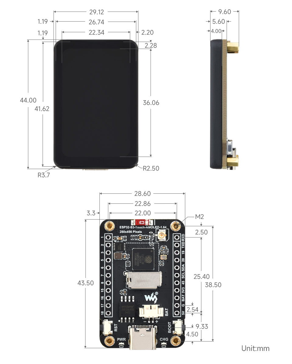 ESP32-S3-Touch-AMOLED-1.64 英寸液晶开发板产品尺寸