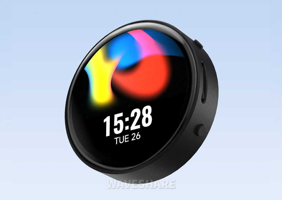 ESP32-S3 1.75 英寸电容触控屏开发板，并带有特性图标如：LX7双核处理器，2.4GHz Wi-Fi，蓝牙BLE5，板载天线，屏幕尺寸，5点触控，分辨率，262K彩色，音频播放，PCF85063 RTC时钟，QMI8658惯性计，多种接口