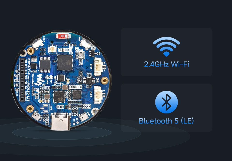 三个ESP32-S3 1.75 英寸电容触控屏开发板并列，并展示不同视角及IPS屏幕软件