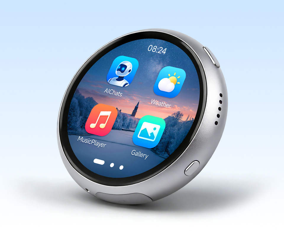 ESP32-S3 1.75 英寸电容触控屏开发板，并带有特性图标如：LX7双核处理器，2.4GHz Wi-Fi，蓝牙BLE5，板载天线，屏幕尺寸，5点触控，分辨率，16.7M彩色，音频播放，QMI8658惯性计，多种接口