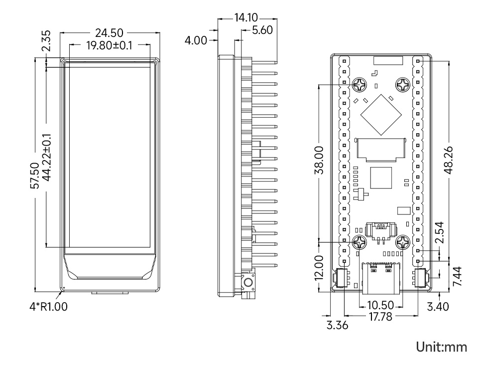 ESP32-S3 4 英寸电容触控屏开发板产品尺寸