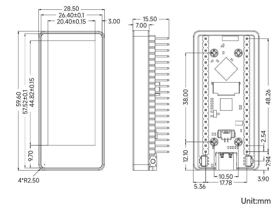ESP32-S3 4 英寸电容触控屏开发板产品尺寸