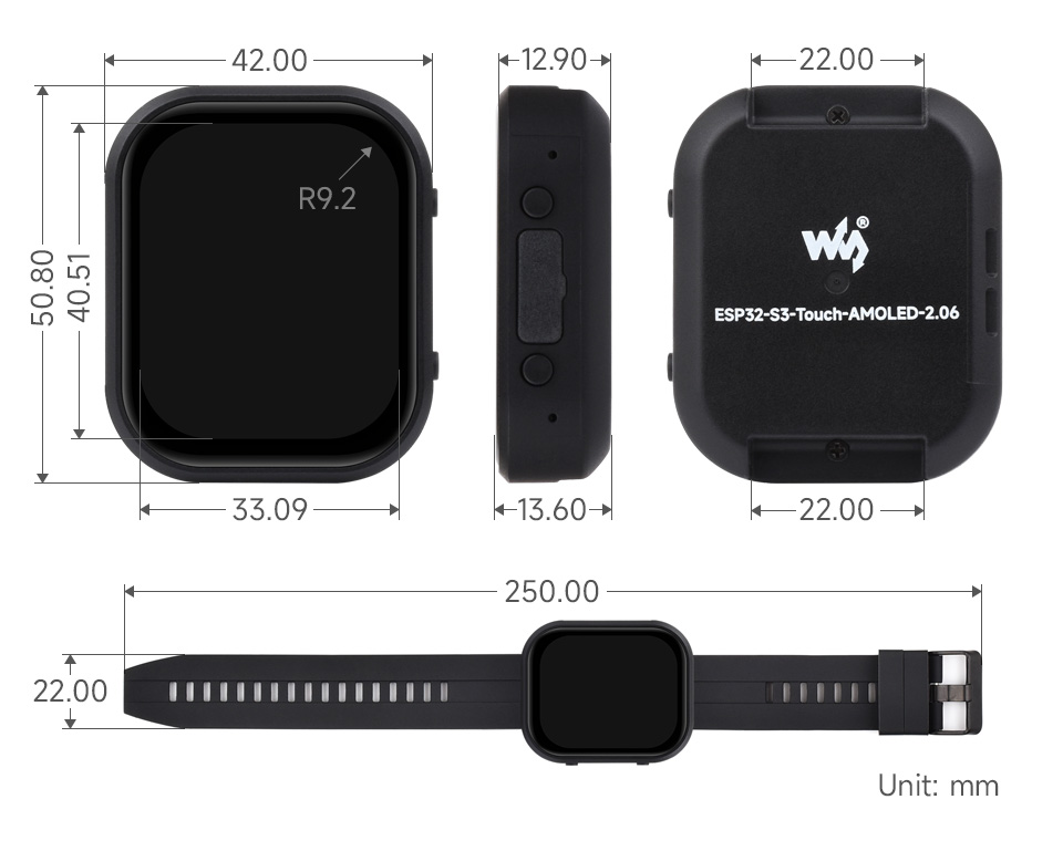 ESP32-S3-Touch-AMOLED-2.06 英寸开发板产品尺寸