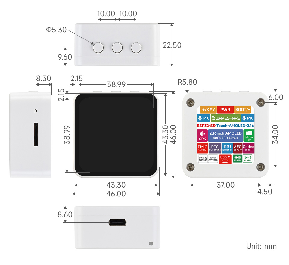 ESP32-S3 2.16 英寸电容触控屏开发板产品尺寸