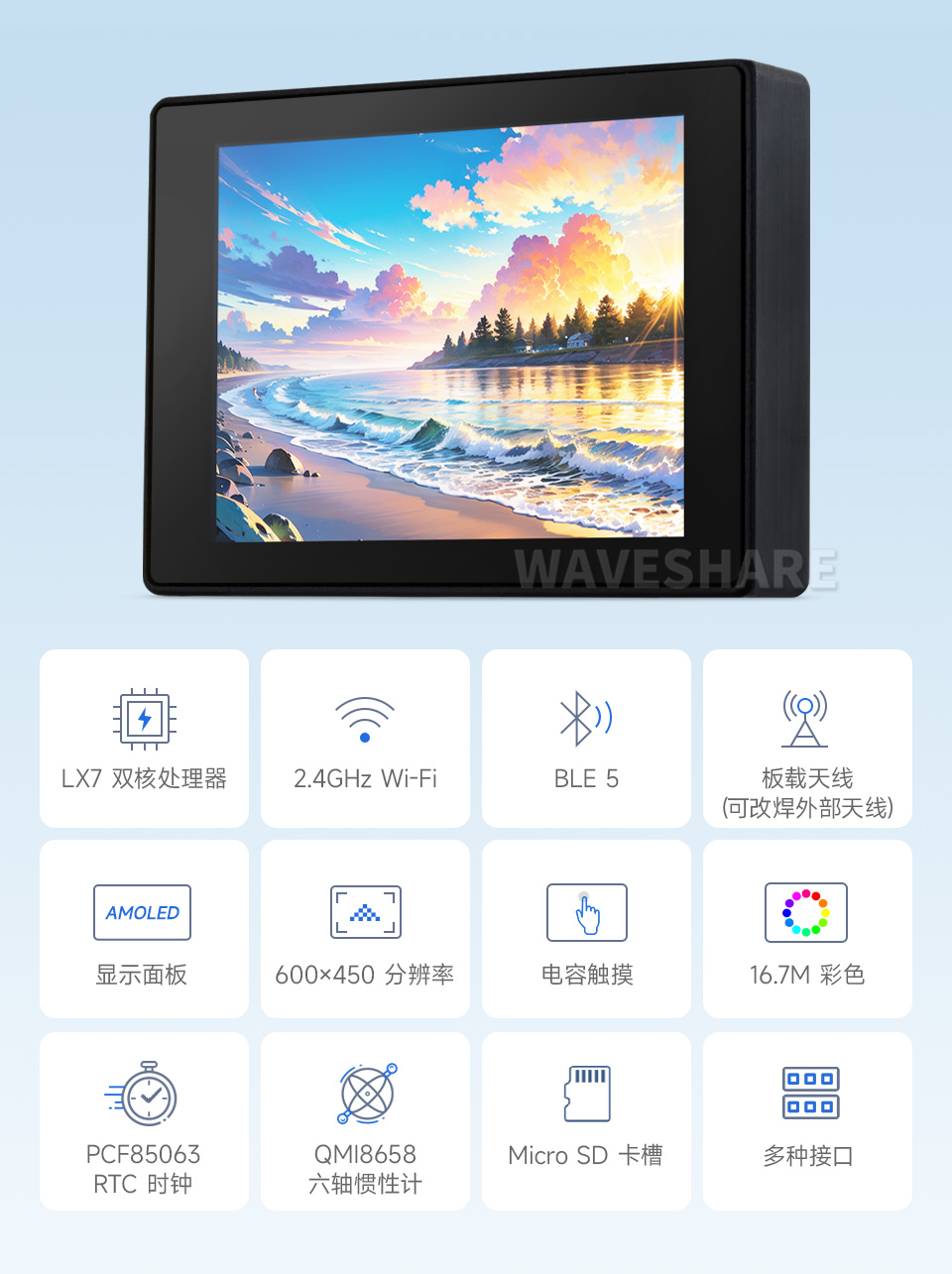 ESP32-S3 4 英寸电容触控屏开发板，并带有特性图标如： 2.4GHz WiFi和 BLE5 模组，480×480分辨率和5点触控