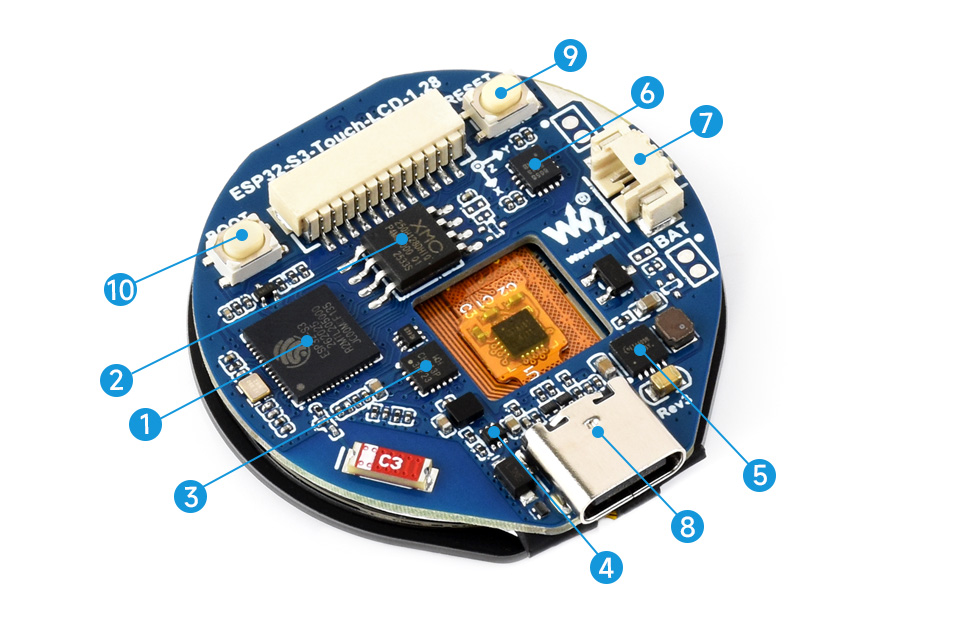 ESP32-S3 1.28 英寸触摸液晶开发板资源简介