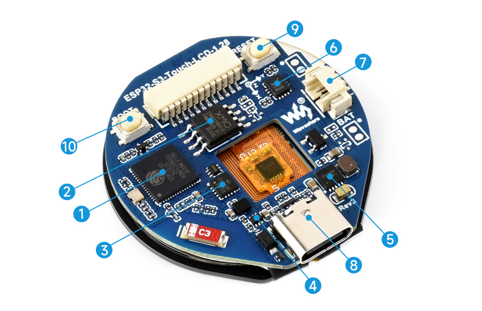 ESP32-S3 1.28 英寸触摸液晶开发板资源简介