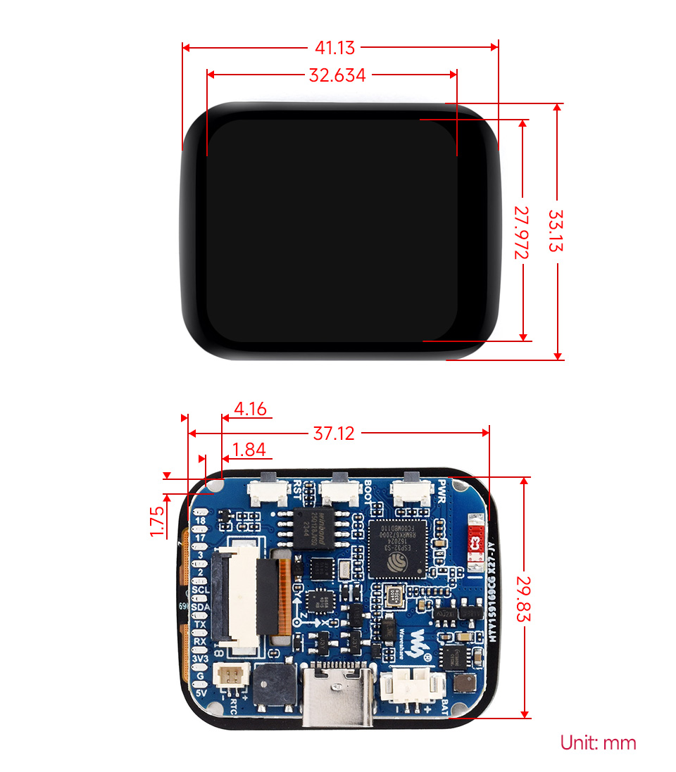 ESP32-S3 1.69 英寸触摸液晶开发板产品尺寸