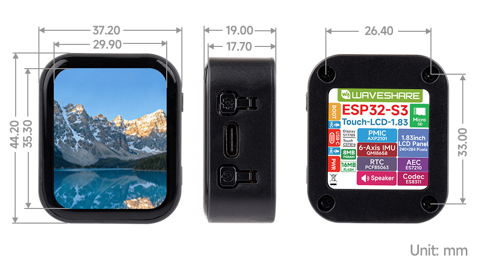 ESP32-S3-Touch-LCD-1.83 英寸液晶开发板产品尺寸