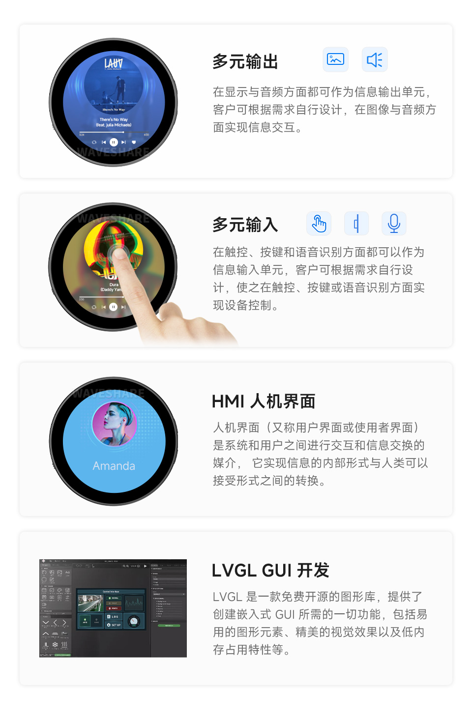 ESP32-S3 4英寸电容触控屏开发板的应用场景，分别介绍了多元输出场景，HMI人机界面场景，和LVGL GUI开发场景