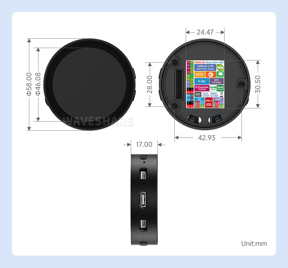 ESP32-S3 4 英寸电容触控屏开发板产品尺寸