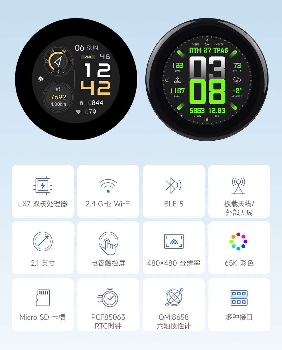 ESP32-S3 2.1 英寸电容触控屏开发板，并带有特性图标如：LX7双核处理器，2.4GHz Wi-Fi，蓝牙BLE5，板载天线，屏幕尺寸，5点触控，分辨率，262K彩色，音频播放，PCF85063 RTC时钟，QMI8658惯性计，多种接口