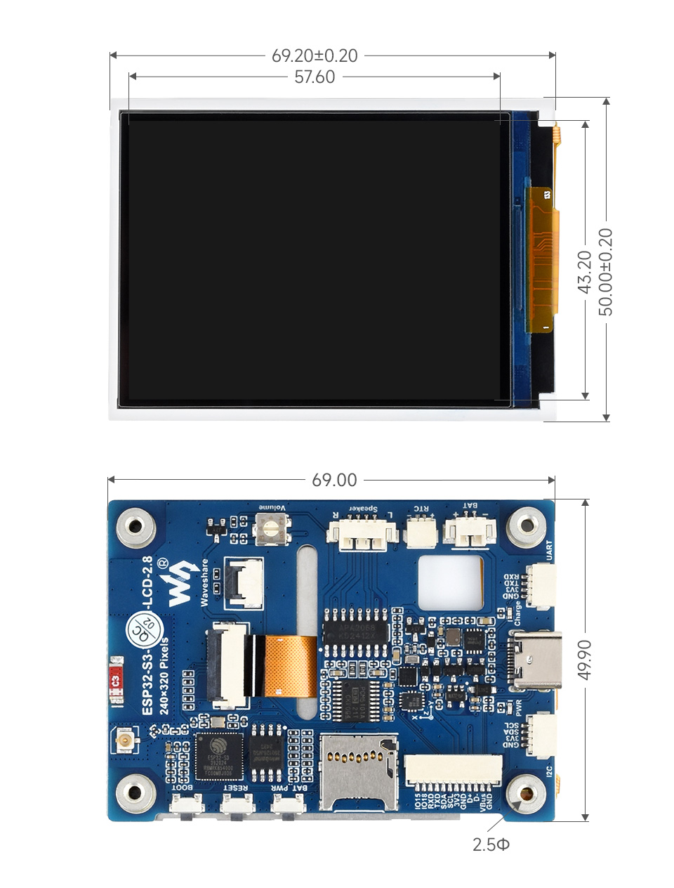ESP32-S3 2.8 英寸电容触控屏开发板产品尺寸