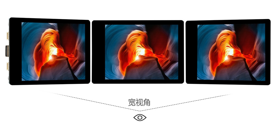 三个ESP32-S3 2.8 英寸电容触控屏开发板并列，并展示不同视角及IPS屏幕软件