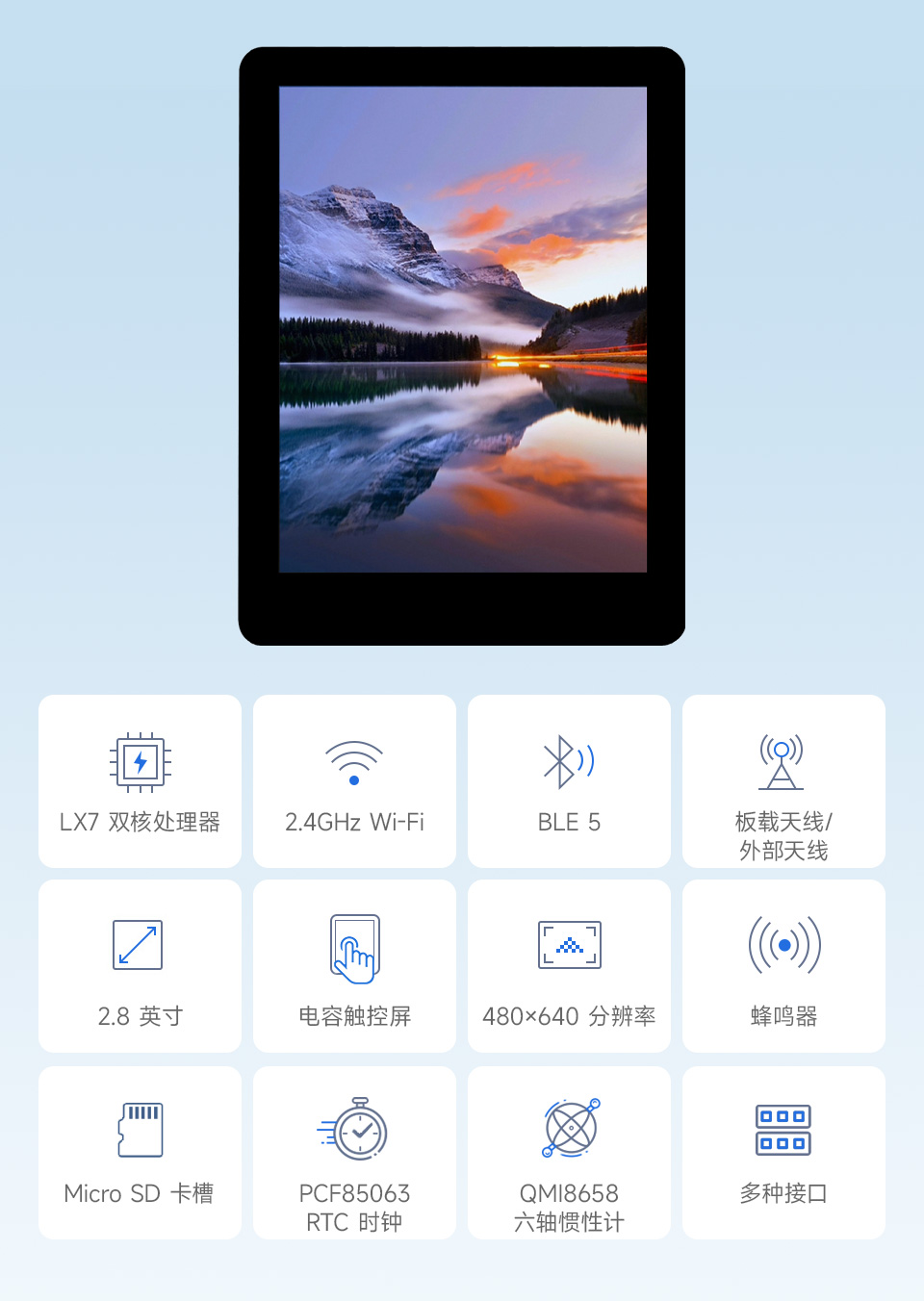 ESP32-S3 2.8 英寸电容触控屏开发板，并带有特性图标如：LX7双核处理器，2.4GHz Wi-Fi，蓝牙BLE5，板载天线，屏幕尺寸，5点触控，分辨率，262K彩色，音频播放，PCF85063 RTC时钟，QMI8658惯性计，多种接口