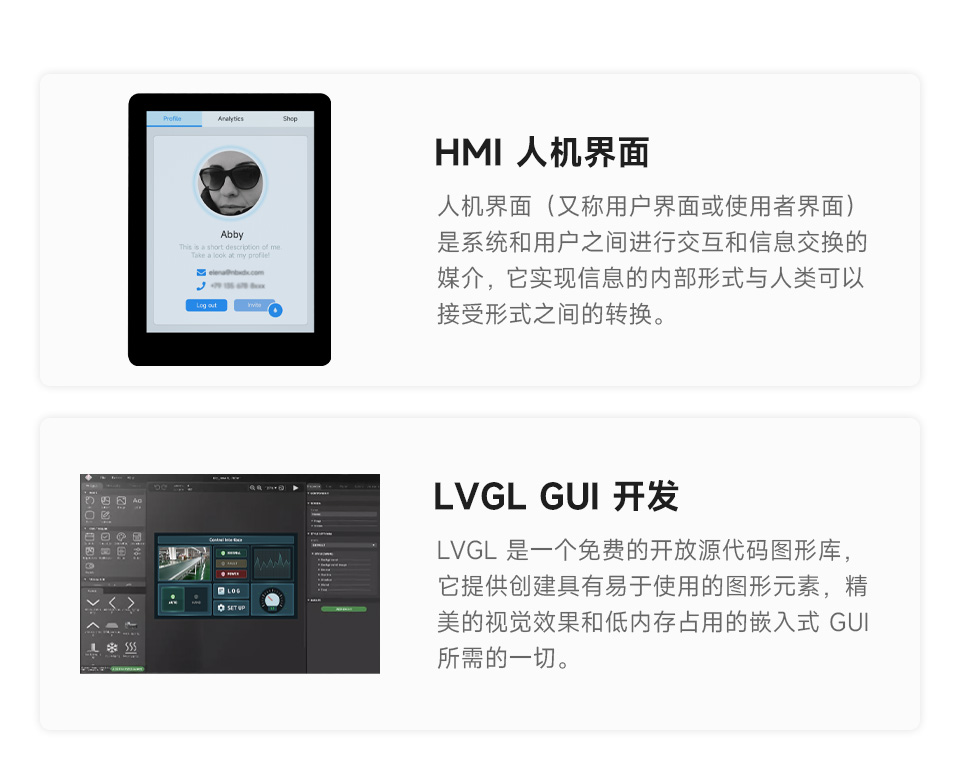 ESP32-S3 2.8 英寸电容触控屏开发板的应用场景，分别介绍了多元输出场景，HMI人机界面场景，和LVGL GUI开发场景