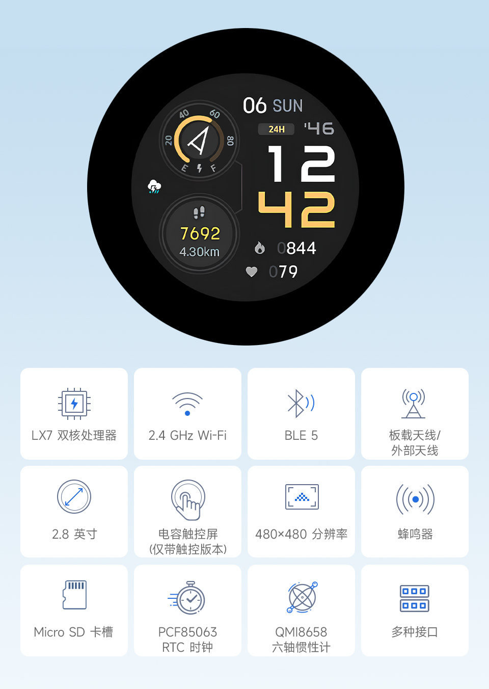 ESP32-S3 2.1 英寸电容触控屏开发板，并带有特性图标如：LX7双核处理器，2.4GHz Wi-Fi，蓝牙BLE5，板载天线，屏幕尺寸，5点触控，分辨率，262K彩色，音频播放，PCF85063 RTC时钟，QMI8658惯性计，多种接口