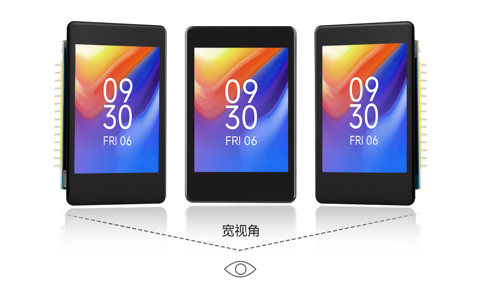 三个ESP32-S3 2.8 英寸电容触控屏开发板并列，并展示不同视角及IPS屏幕软件